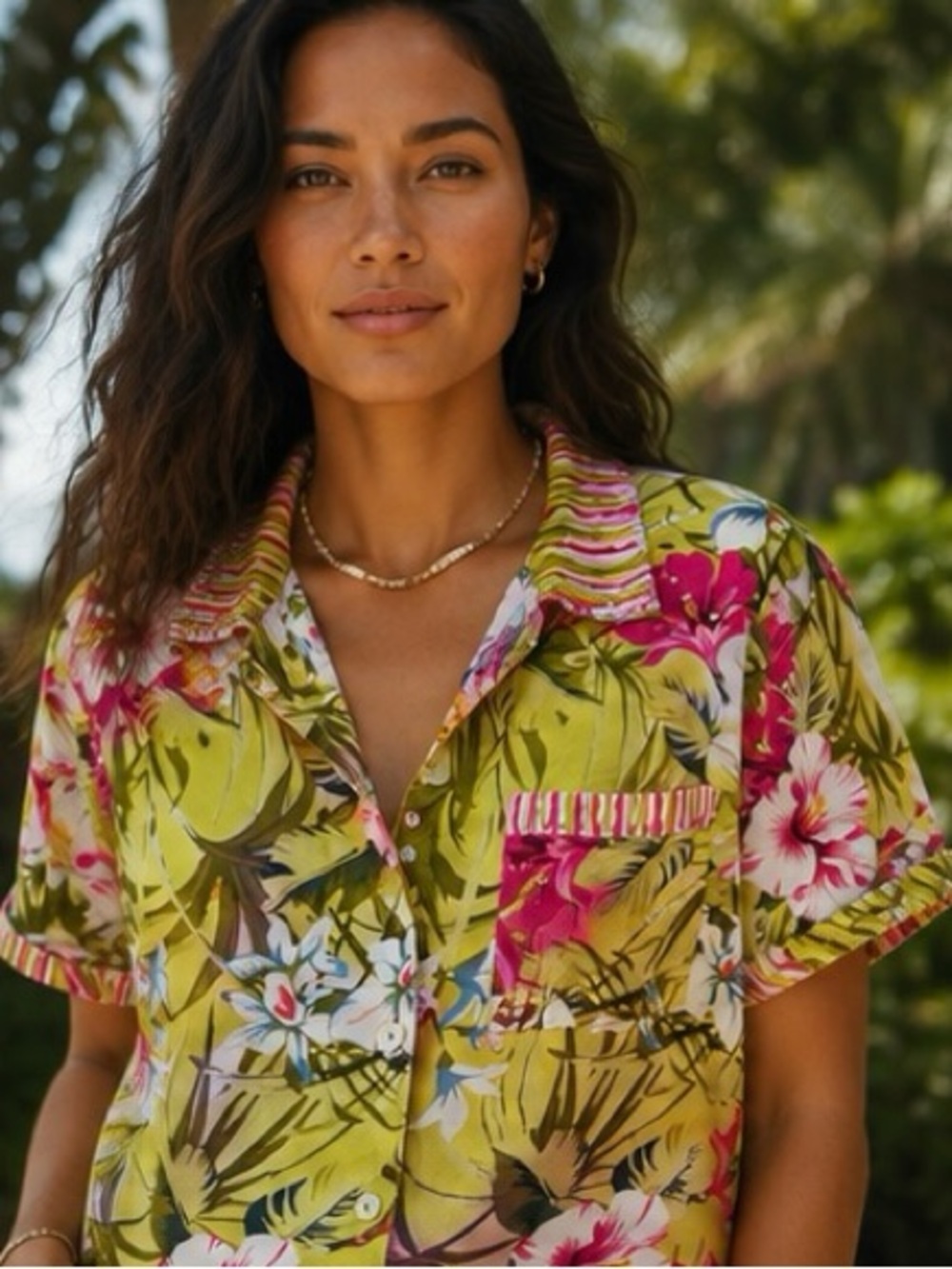 USINDO Tropical Hawaiian Floral Yellow-Green & Pink Sequined Button Down Shirt M
